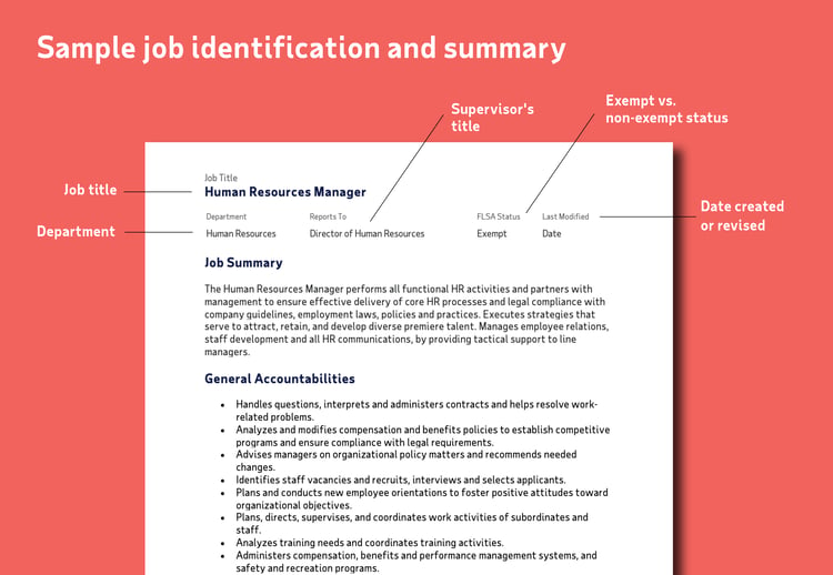 An example of a job identification and summary is illustrated to give an example of the information from the paragraph above. The image lists job title, job summary and general accountabilities.