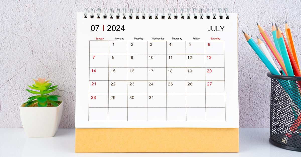 July 2024 Desk Calendar with wooden pencil
