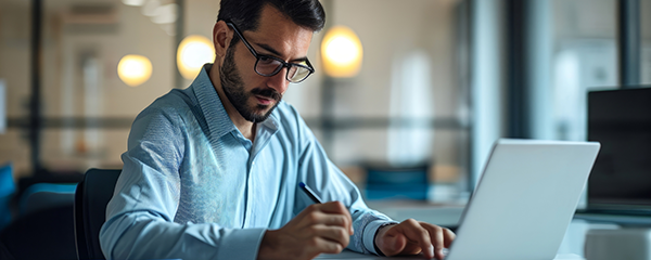 Busy young businessman working in office using laptop checking documents